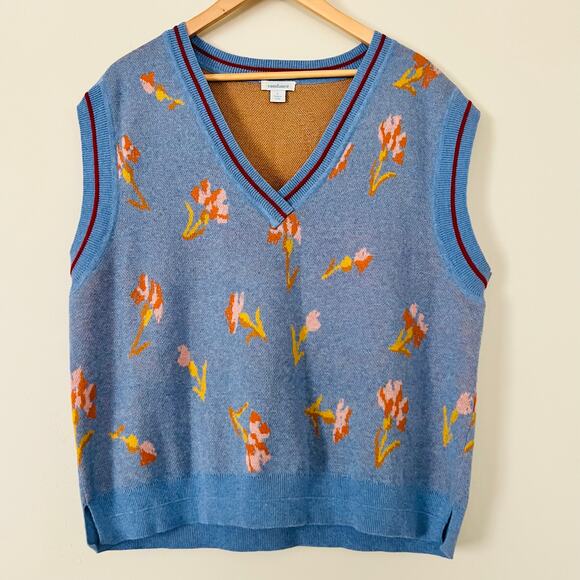 Sundance Wool Blend Fair Isle Vest Floral Pattern Knit Stripe V-Neck Large - Picture 2 of 5